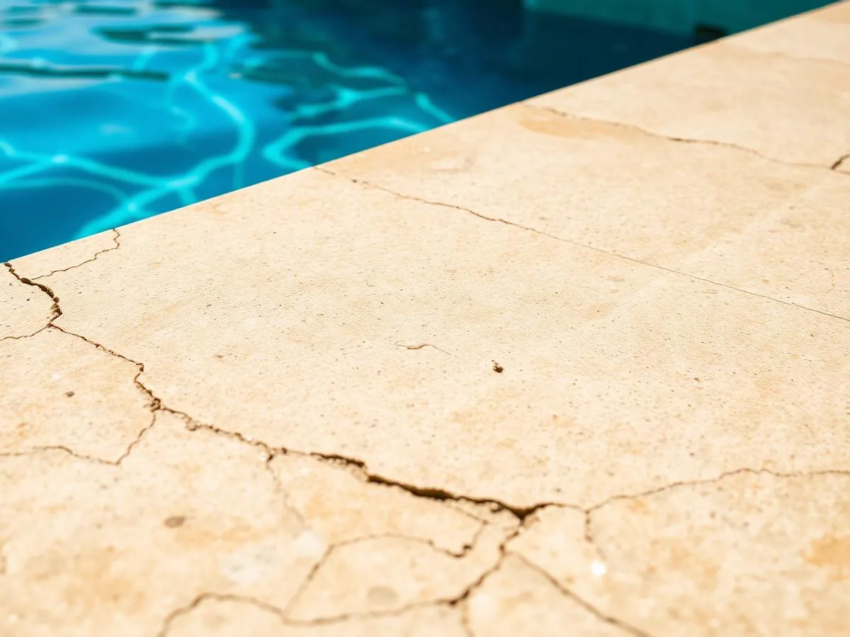 Detail of travertine pool coping at the waterline with mineral residue in Scottsdale, AZ